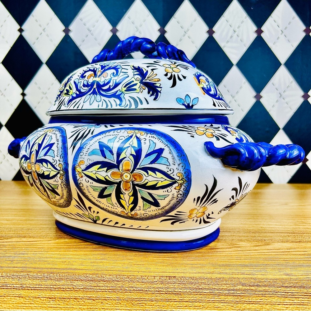 Italian Tureen Ceramic Large HandPainted Mediterranean Cobalt Blue Lidded Server - Picture 5 of 11